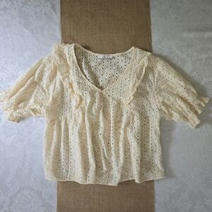 Lush Cream Yellow Eyelet Blouse Ruffles Puff Sleeves Size M Cottagecore Shoujo